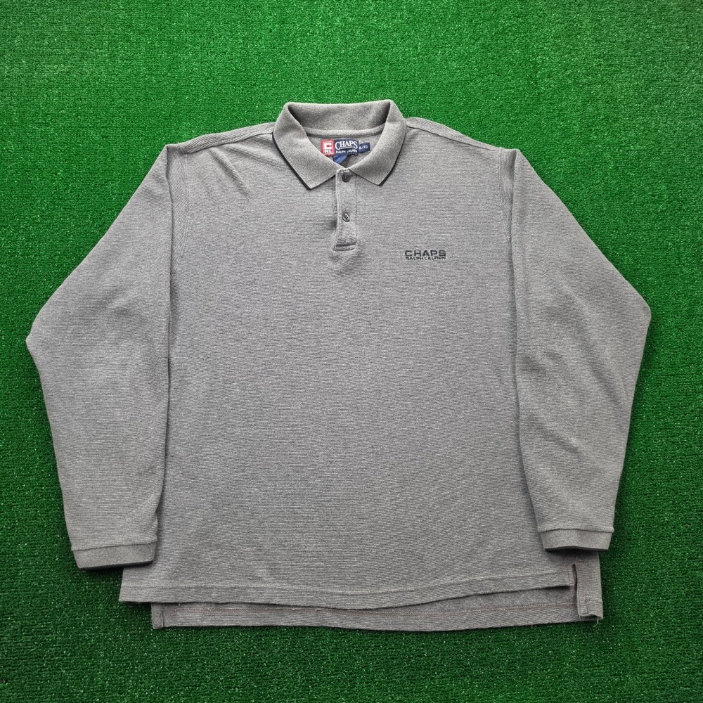 Vintage Y2K Chaps Ralph Lauren Long Sleeve Ribbed Polo Shirt Mens XL Gray Casual